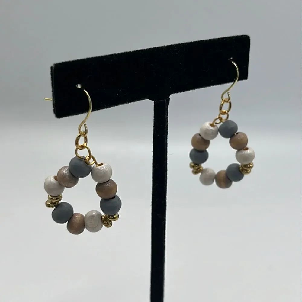 1.5” Gold Tone Beaded Earth Tone Boho Drop Earrings